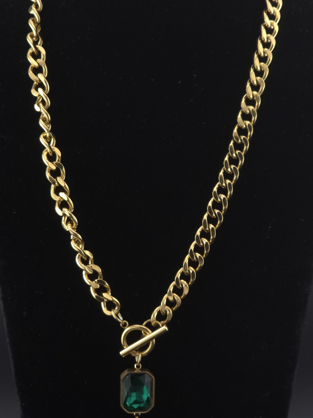 Gold-Tone Chain Necklace with Green Charm  Pendant - Picture 5 of 6